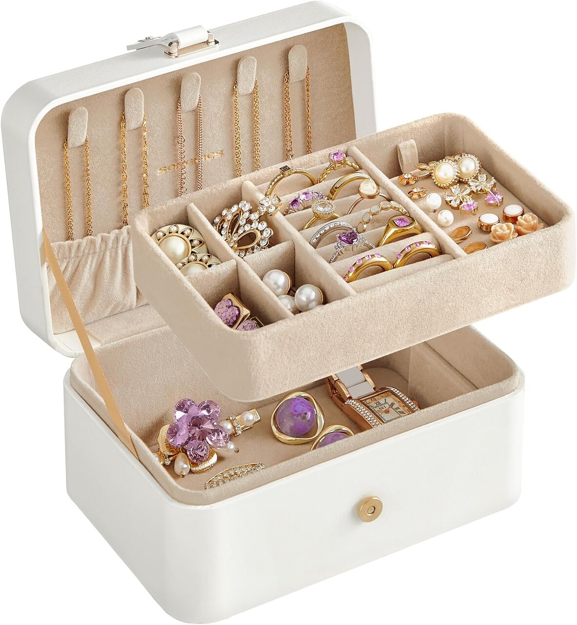 Jewelry Organizer Box – 2-Layer Travel Case for Earrings, Necklaces & Bracelets, Portable Jewelry Storage with Large Capacity, Cloud White (UJBC166W01)